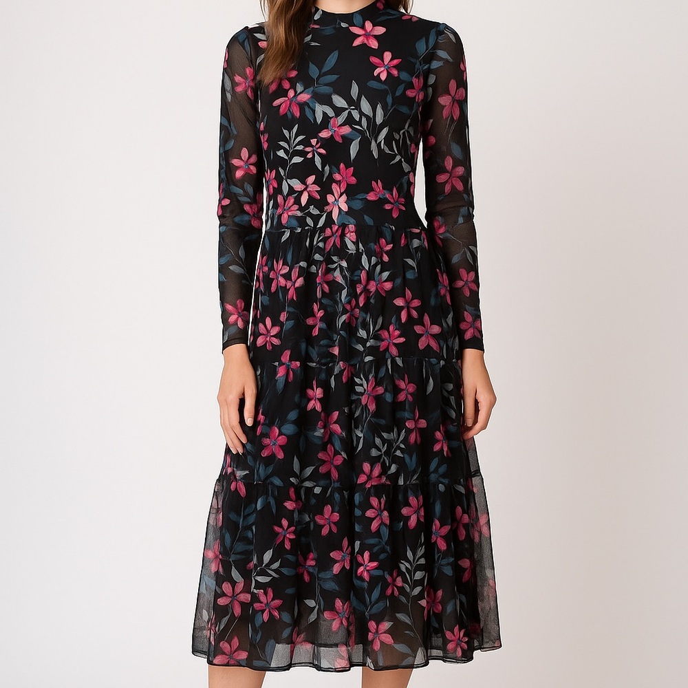 Kate & Lily Fall Floral Midi Dress Brown White Size 8